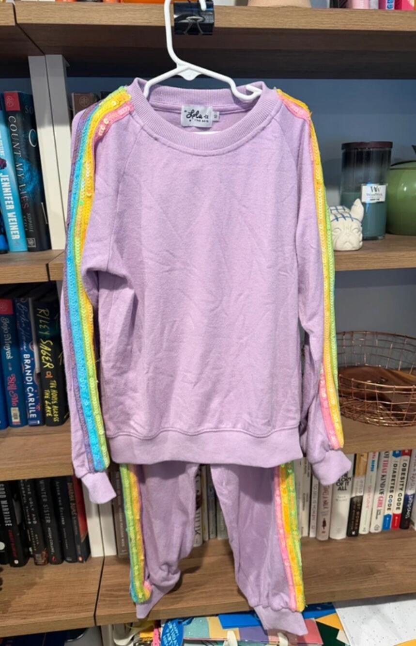 Lola + The Boys Lavender Rainbow Sequin Sweatshirt Jogger Set Size 10